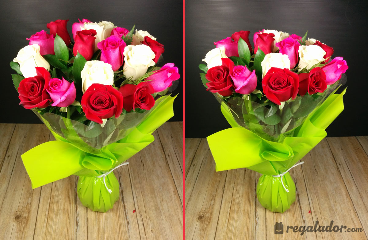 Ramo de rosas rojas, rosas y blancas